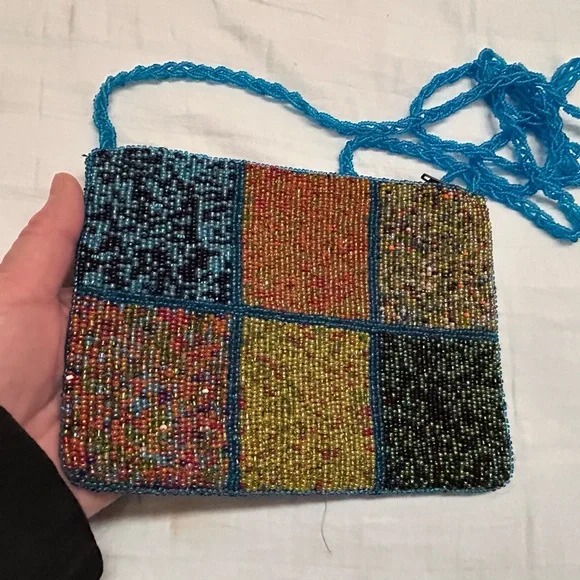 Vintage Hipster Colorful Beaded Cross body Purse Colorblock Pattern Squares - Picture 2 of 9